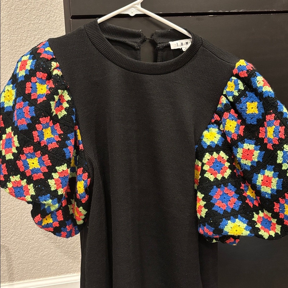 THML black shirt with Colorful Patterned Sleeves